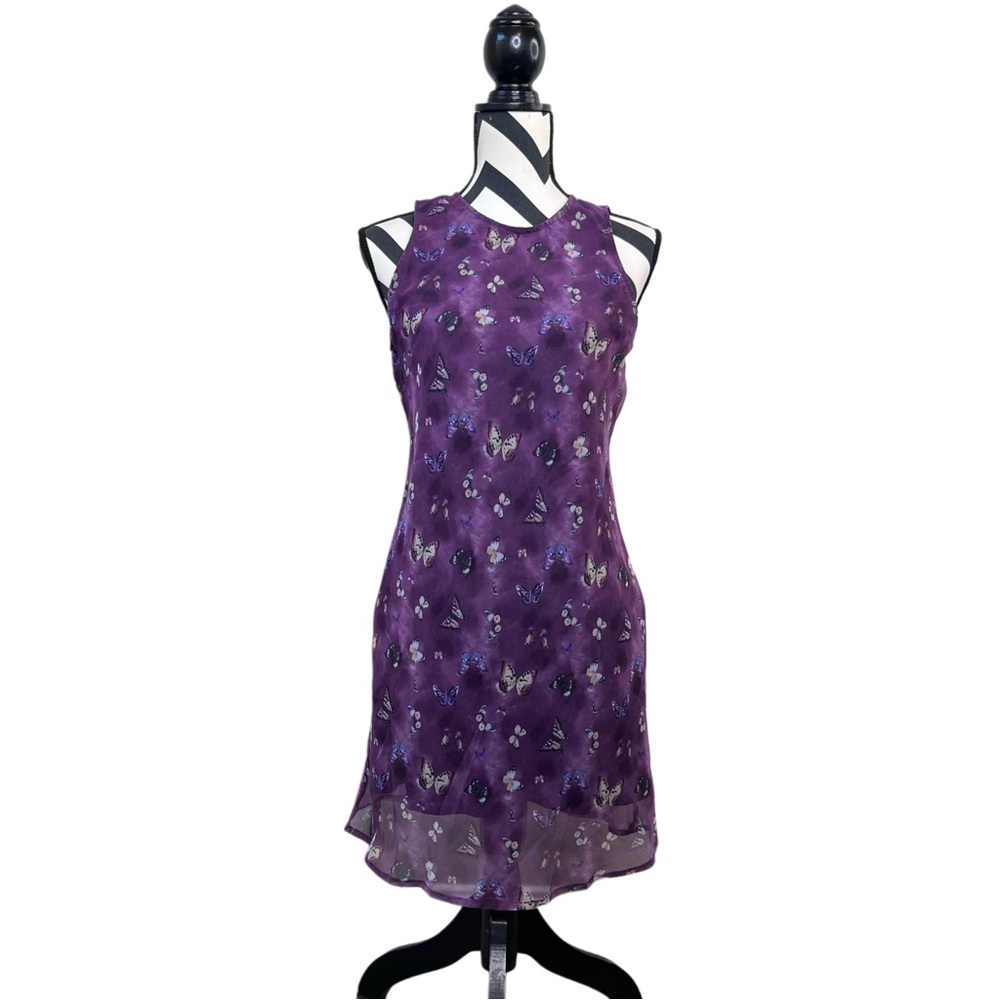 Vintage City Triangles Y2K Purple Butterfly Print Goth Coquette Sheer Dress